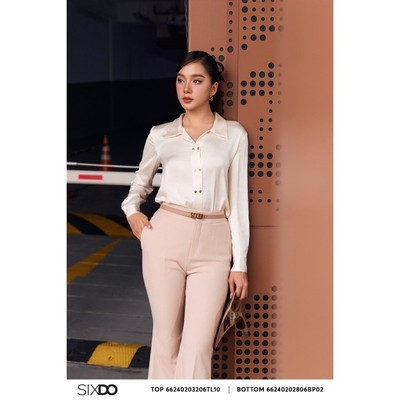 Áo sơ mi lụa phối cúc đôi SIXDO (Cream Long Sleeves Silk Shirt)