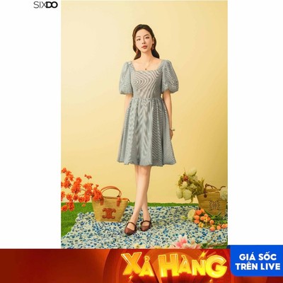 Đầm mini kẻ xanh cổ vuông tay bồng SIXDO (Blue Stripe Raw Mini Dress)