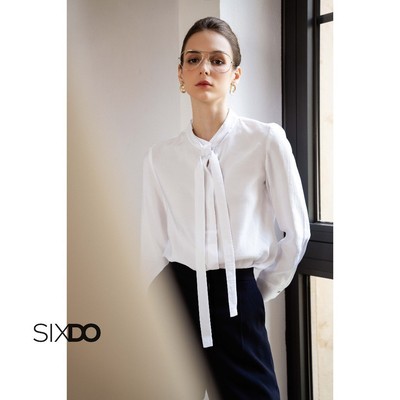 Áo sơ mi tơ trắng cột nơ cổ SIXDO (White Bow-tie Raw Shirt)