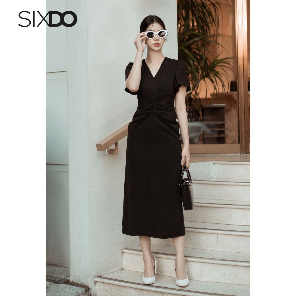Đầm lụa đen cổ V nhúm eo SIXDO (Black Midi Silk Dress)