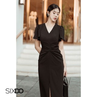 Đầm lụa đen cổ V nhúm eo SIXDO (Black Midi Silk Dress)