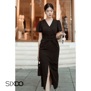 Đầm lụa đen cổ V nhúm eo SIXDO (Black Midi Silk Dress)