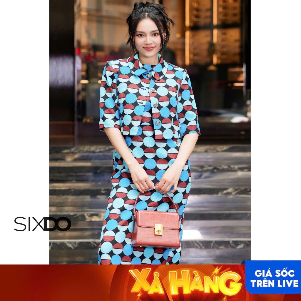 Đầm sát nách thô họa tiết tròn SIXDO (Brown Blue Geomitric Midi Raw Dress) (chưa kèm áo)