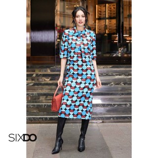 Đầm sát nách thô họa tiết tròn SIXDO (Brown Blue Geomitric Midi Raw Dress) (chưa kèm áo)