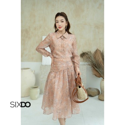 Chân váy tơ hoa nâu nhạt dáng xòe SIXDO (Light Brown Floral Midi Skirt)