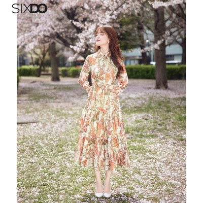 Đầm sơ mi voan dài tay dáng xòe SIXDO (Green Nuggets Floral Midi Voile Dress)