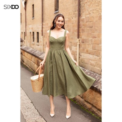 Đầm linen xanh strappy SIXDO (Moss Green Strappy Midi Linen Dress)