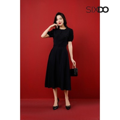 Đầm lụa đen cổ tròn tay bồng SIXDO (Black Short Sleeves Midi Silk Dress)