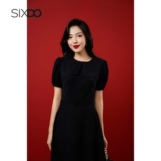 Đầm lụa đen cổ tròn tay bồng SIXDO (Black Short Sleeves Midi Silk Dress)