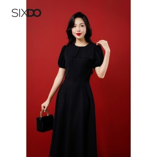 Đầm lụa đen cổ tròn tay bồng SIXDO (Black Short Sleeves Midi Silk Dress)