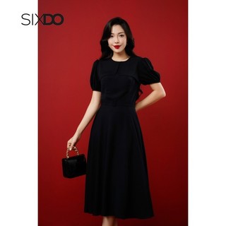 Đầm lụa đen cổ tròn tay bồng SIXDO (Black Short Sleeves Midi Silk Dress)
