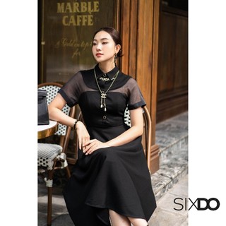 Đầm đen dáng xòe cổ sơ mi SIXDO (Black Midi Raw Dress)