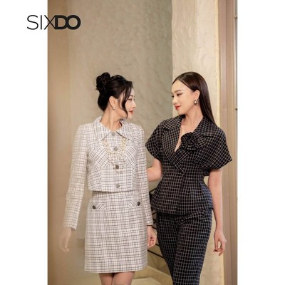 Chân váy ngắn A kẻ ô SIXDO ảnh bên trái (Black & White Check A-line Mini Woven Skirt)