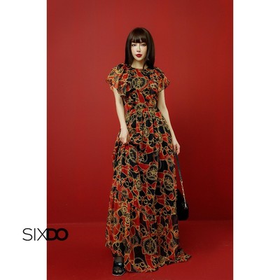 Đầm voan maxi họa tiết Baroque SIXDO (Black Baroque Print Tiered Midi Voile Dress)