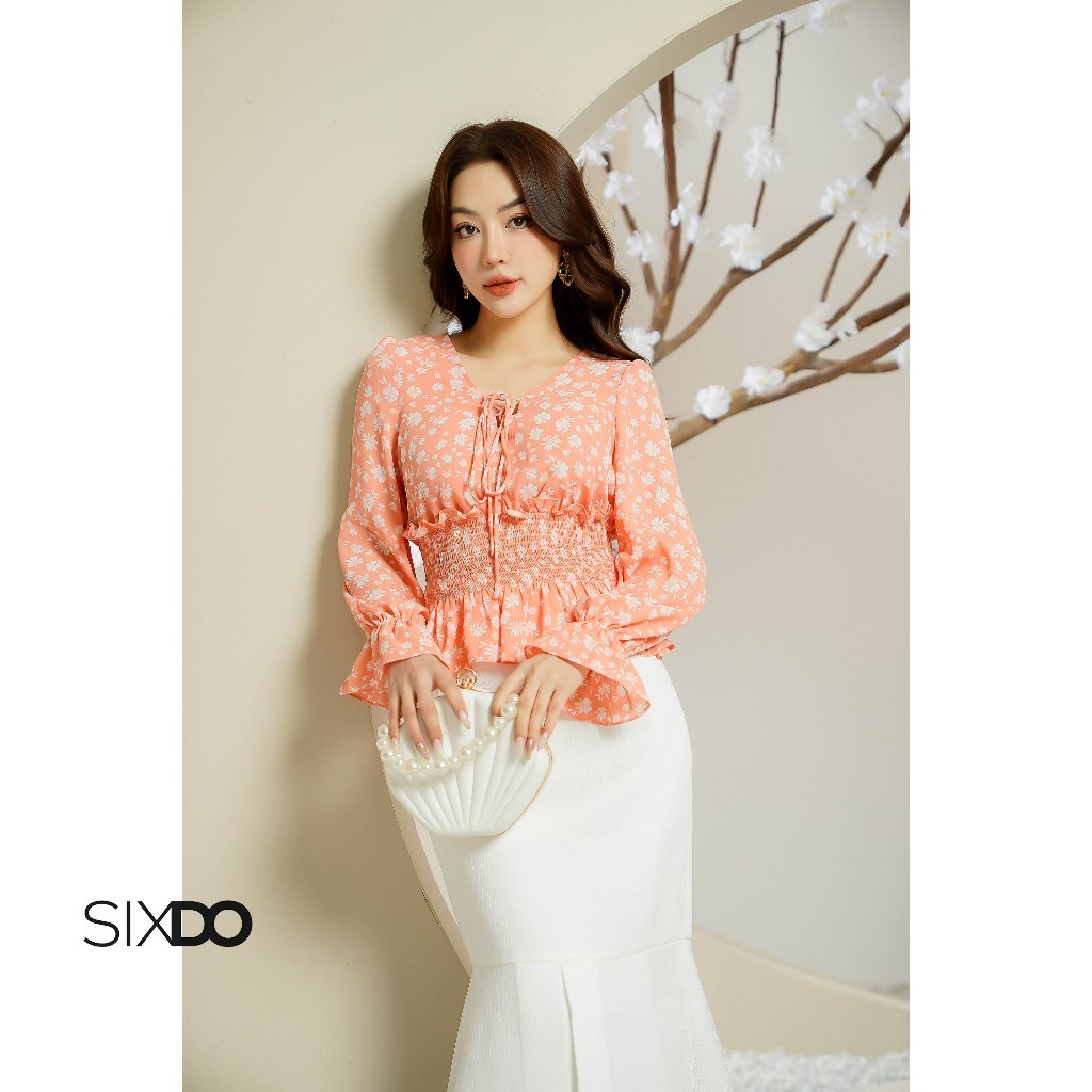  Áo chiffon dài tay chấm bi chun eo SIXDO  Floral Chiffon Top  