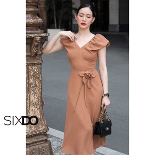 Đầm lụa nâu cổ V tay phồng SIXDO (Yellowish Brown Midi Silk Dress With Flower)