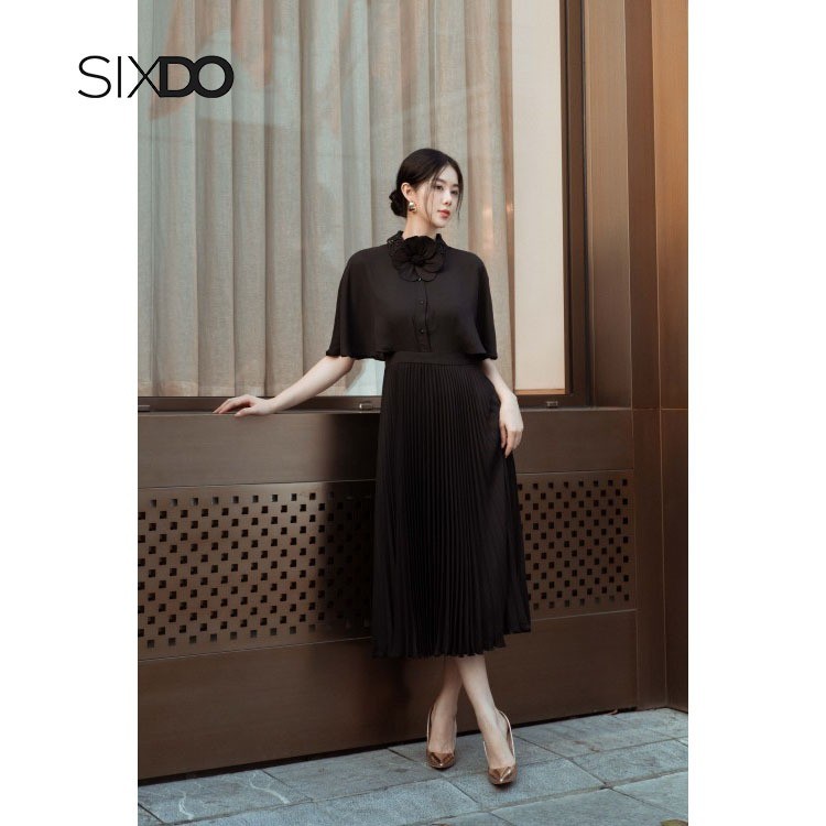 Đầm đen cánh dơi xếp ly SIXDO (Black Midi Chiffon Dress With Flower 1)