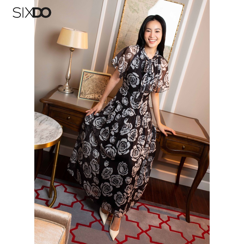 Đầm midi họa tiết nơ cổ SIXDO (Black With White Rose Midi Dress)