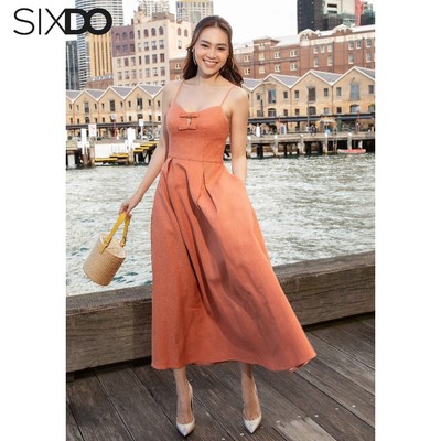 Đầm hai dây khoét ngực SIXDO (Salmon Strappy Midi Linen Dress)