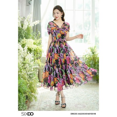 Đầm voan midi hoa tiết hoa tulip SIXDO (Black Tulip Tiered Midi Voile Dress)
