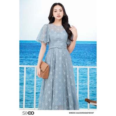 Đầm ren lưới xanh xám ôm kèm đai SIXDO (Blue-grey Floral Midi Lace Dress)
