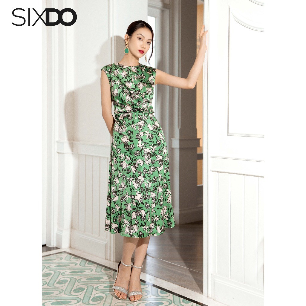 Đầm lụa midi sát nách SIXDO (Green Floral Sleeveless Midi Silk Dress)