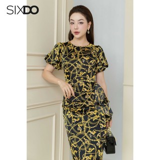 Đầm lụa ngắn tay xẻ tà baroque SIXDO (Black Baroque Print Silk Midi Dress)