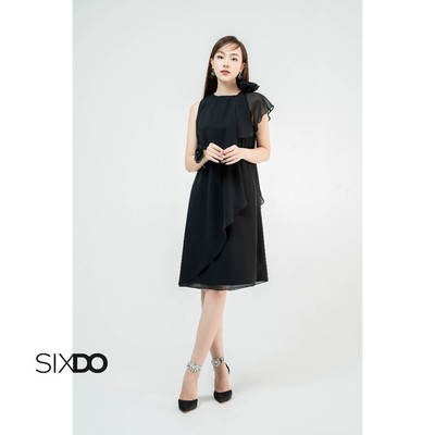 Đầm voan đen dáng suông phối hoa vai SIXDO (Black Round Neck Midi Voile Dress)