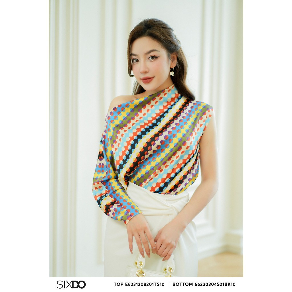 Áo lụa lệch vai chấm bi màu sắc SIXDO (Multicolor Polka Dot Silk Top)
