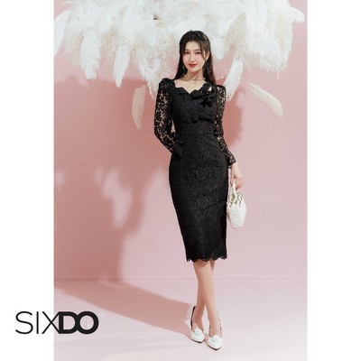 Đầm ren đen dài tay SIXDO (Black Floral Midi Lace Dress)