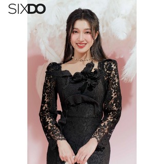 Đầm ren đen dài tay SIXDO (Black Floral Midi Lace Dress)