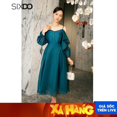 Đầm tơ organza xanh trễ vai SIXDO (Mallard Green Midi Dress)