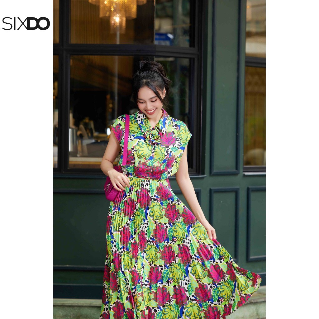 Đầm lụa xếp ly kèm hoa SIXDO (Turquoise Floral Midi Silk Dress)