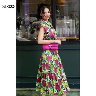 Đầm lụa xếp ly kèm hoa SIXDO (Turquoise Floral Midi Silk Dress)
