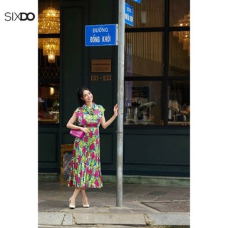 Đầm lụa xếp ly kèm hoa SIXDO (Turquoise Floral Midi Silk Dress)