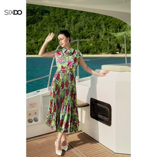 Đầm lụa xếp ly kèm hoa SIXDO (Turquoise Floral Midi Silk Dress)