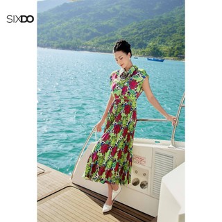 Đầm lụa xếp ly kèm hoa SIXDO (Turquoise Floral Midi Silk Dress)