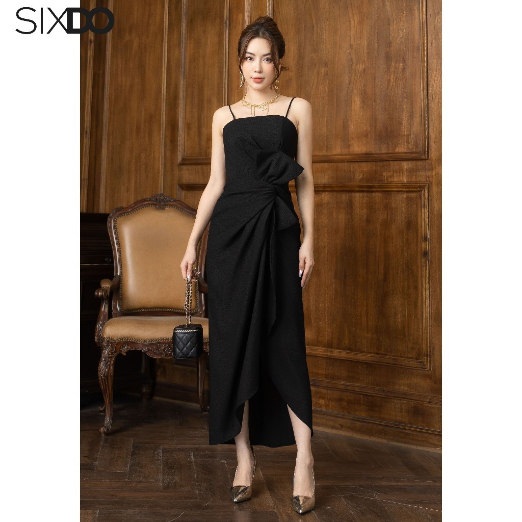 Đầm hai dây phối nơ eo, xẻ tà SIXDO (Black Strappy Midi Tweed Dress)