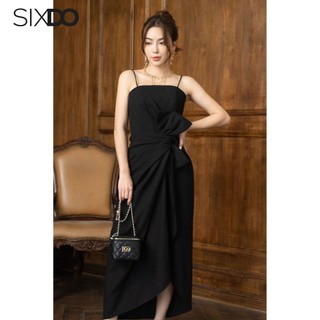 Đầm hai dây phối nơ eo, xẻ tà SIXDO (Black Strappy Midi Tweed Dress)