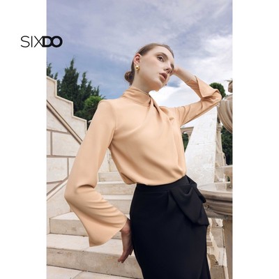 Áo lụa nữ dài tay phối vạt chéo SIXDO (Nude Long Sleeves Silk Blouse)