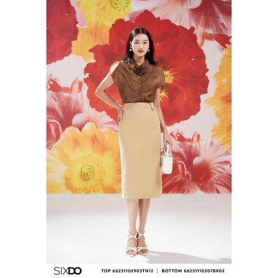 Chân váy nâu vàng SIXDO (Yellowish Brown Straight Woven Midi Skirt)