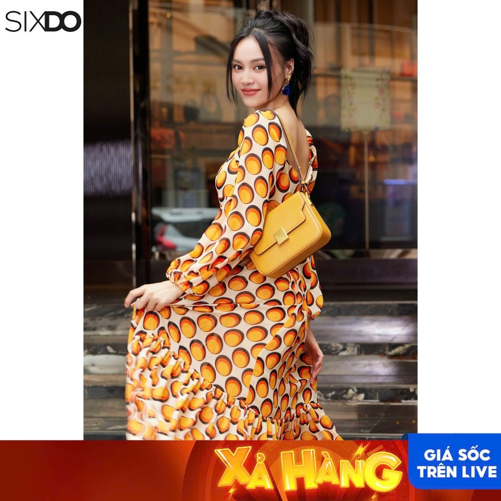 Đầm chấm bi cổ vuông dài tay SIXDO (Cream Polka Dot Midi Chiffon Dress)