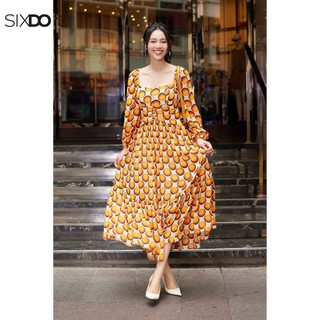 Đầm chấm bi cổ vuông dài tay SIXDO (Cream Polka Dot Midi Chiffon Dress)
