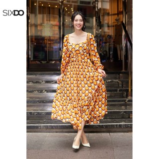 Đầm chấm bi cổ vuông dài tay SIXDO (Cream Polka Dot Midi Chiffon Dress)
