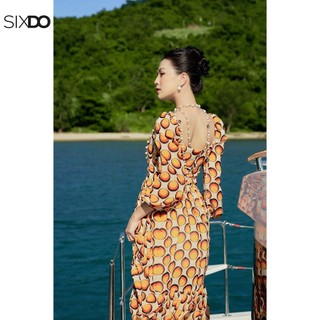 Đầm chấm bi cổ vuông dài tay SIXDO (Cream Polka Dot Midi Chiffon Dress)