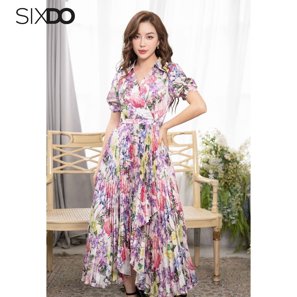 Đầm sơ mi lụa cổ V xếp li SIXDO (Pink Floral Pleated Midi Silk Dress)