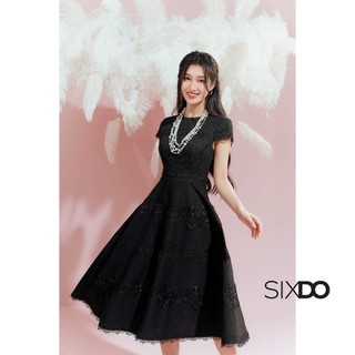 Đầm thô đen dáng xòe SIXDO (Black Short Sleeves Midi Raw Dress)