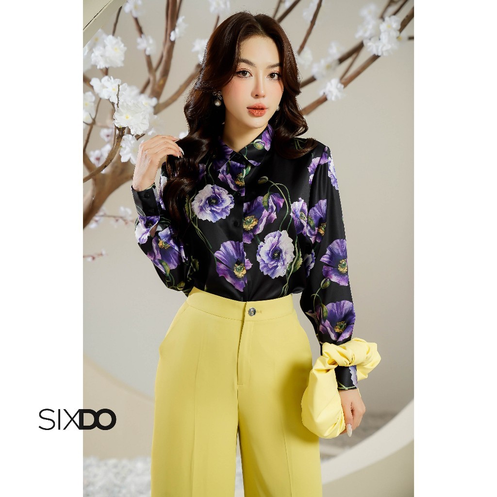 Áo sơ mi lụa đen hoa poppy SIXDO (Black Poppy Silk Shirt)