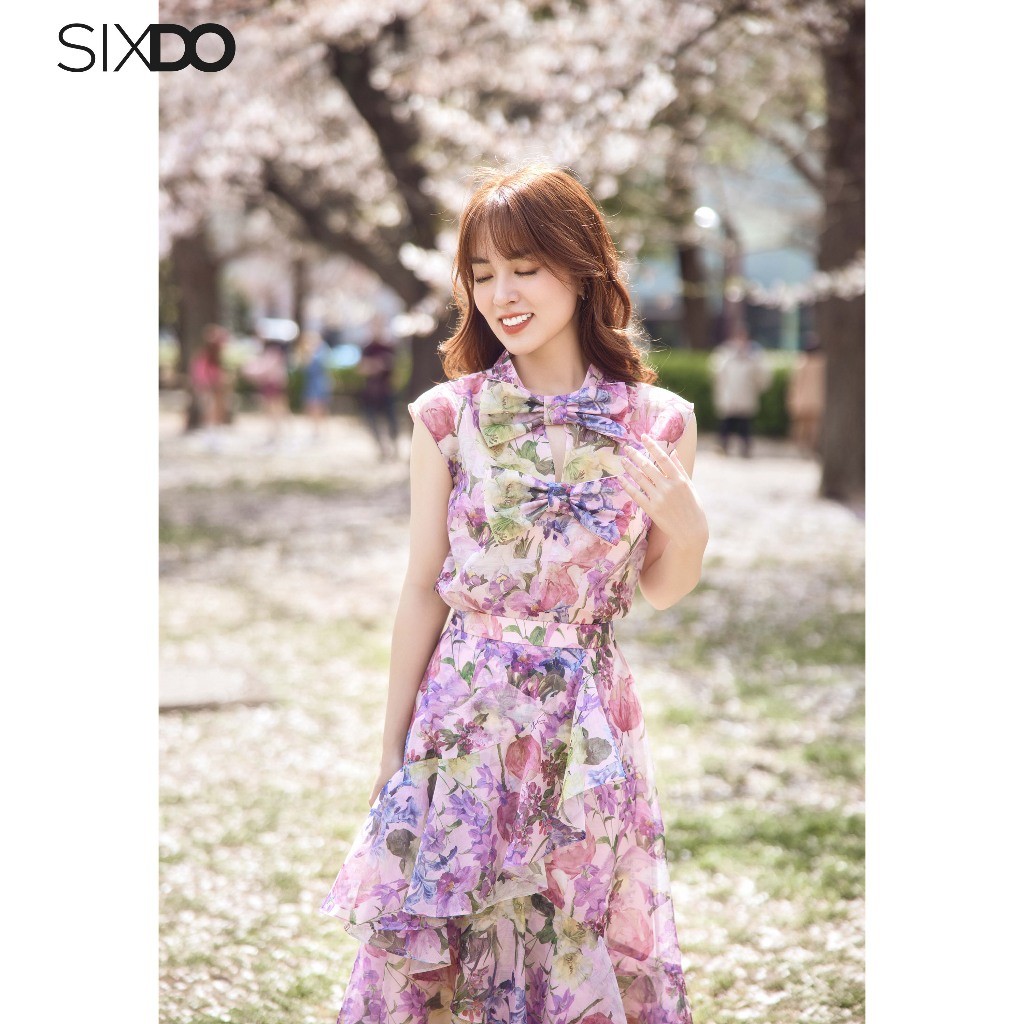 Áo tơ sát nách phối nơ SIXDO (Pink Floral Bowtie Top)