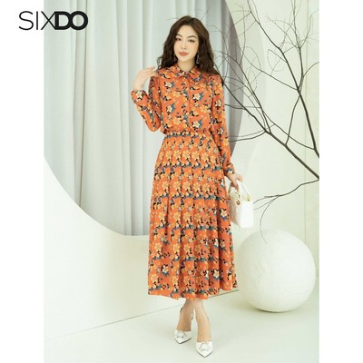 Chân váy lụa xếp ly hoa SIXDO (Orange Floral Pleated Midi Silk Skirt)